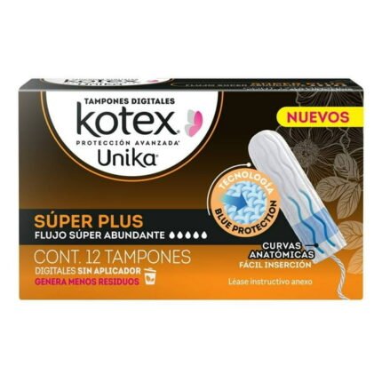 Tampones Kotex Unika súper plus flujo súper abundante 12 pzas