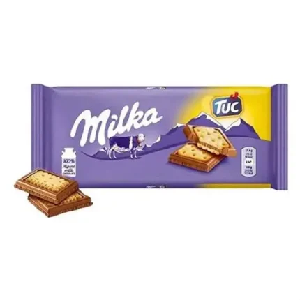 Tableta de chocolate con leche de los Alpes cubierta con galletas TUC Milka 87 g