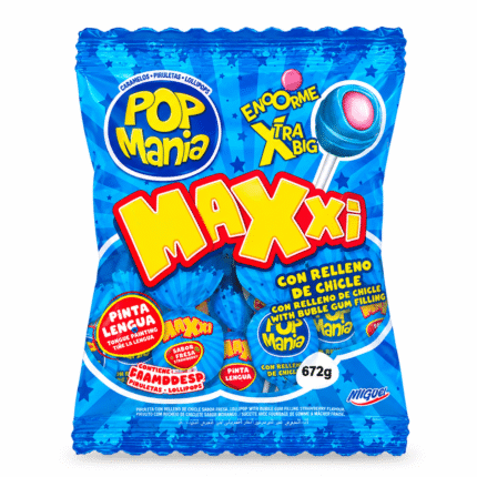 Chupa chupa sabor frambuesa con relleno de chicle Pop Mania Maxxi 24 U