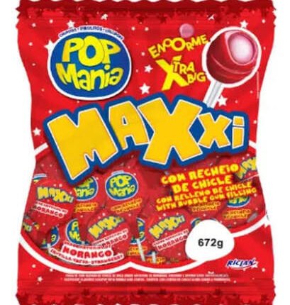 Chupa chupa sabor morango con relleno de chicle Pop Mania Maxxi 24 U