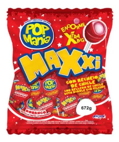 Pop Mania Maxxi morango 24 U Chupa chupa sabor morango con relleno de chicle Pop Mania Maxxi 24 U - Imagen 1
